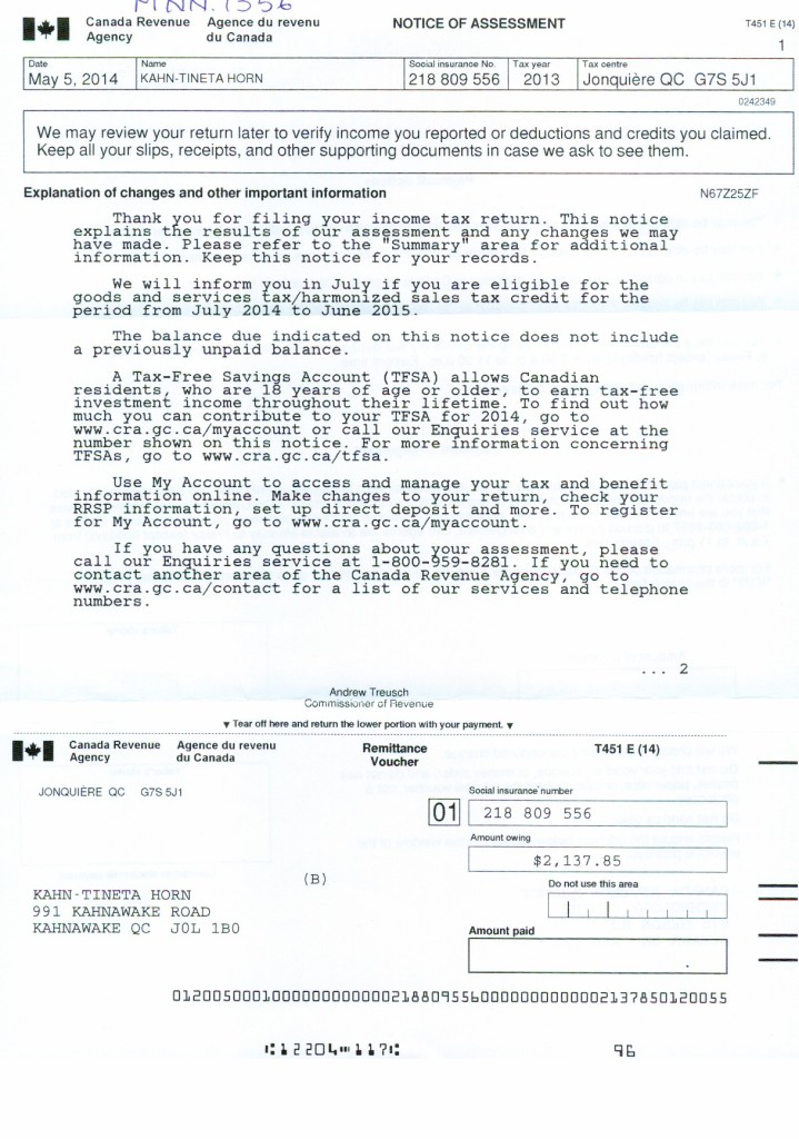 Revenue Canada Notice of Assessment  